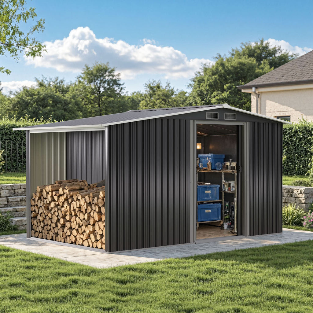 4×8/ 6×8 / 8×8/ 10×8ft Steel Garden Storage Bike Shed with Gable Roof Top Air Circulation Design
