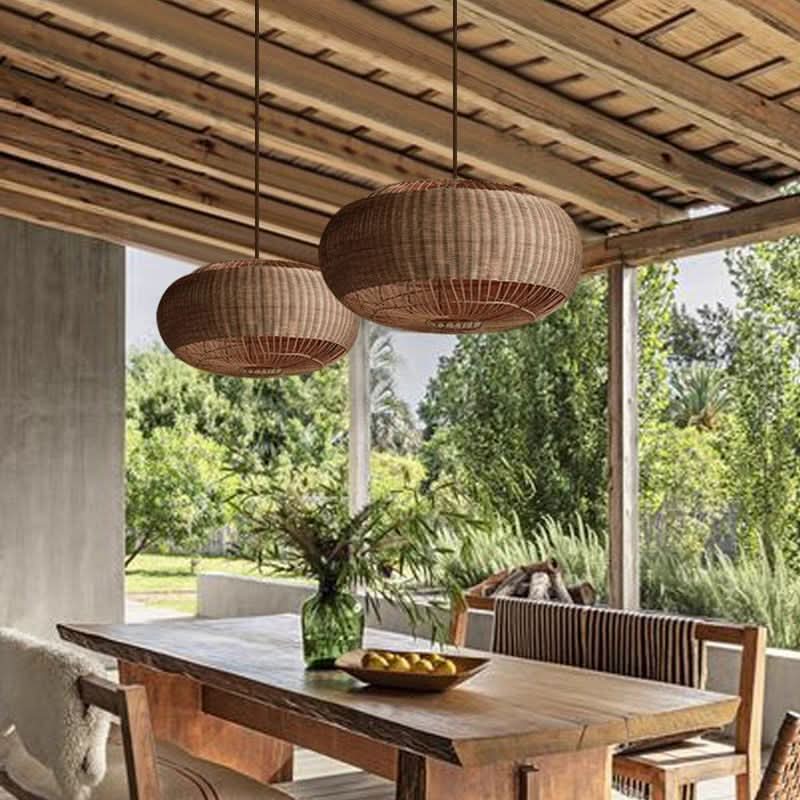Lightsin Handcrafted Rattan Pendant Light in Flat Round Basket Shape