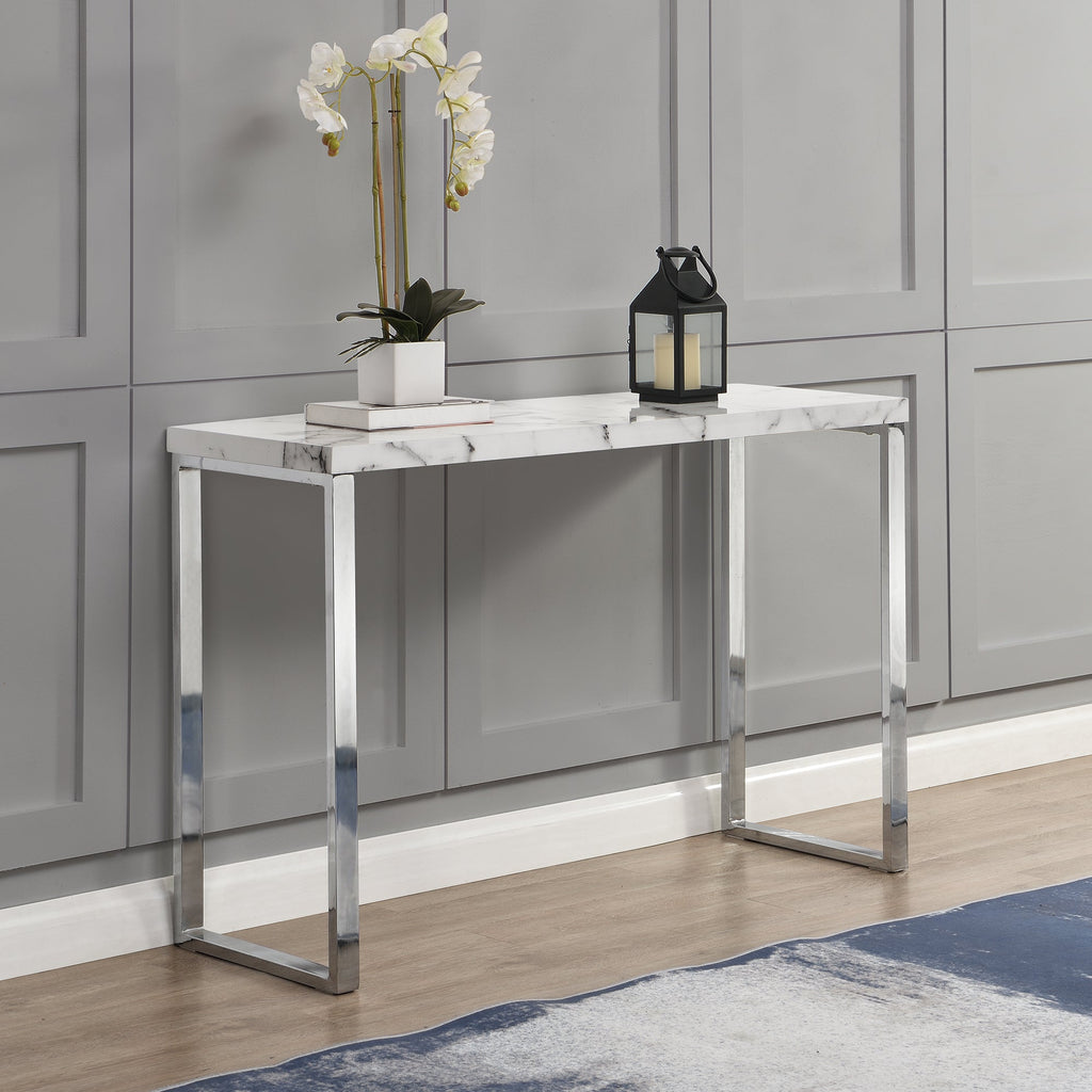 BIASCA High Gloss Marble Effect 120cm Console Table with Silver Chrome Legs