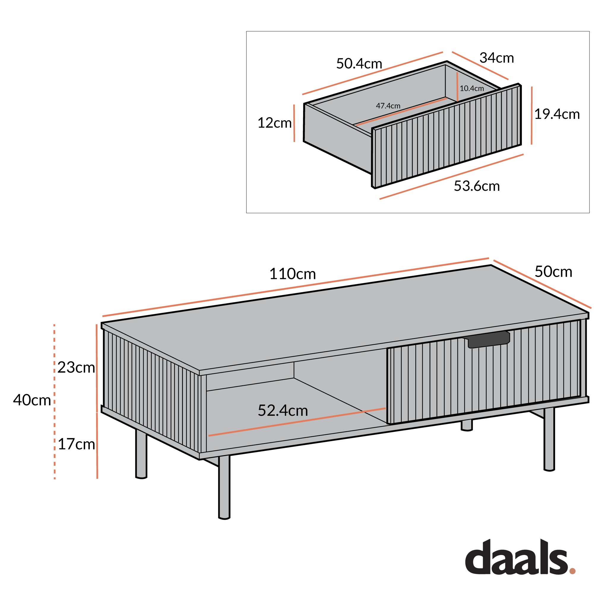 Richmond Ridged Coffee Table with Drawer, Dark Ash