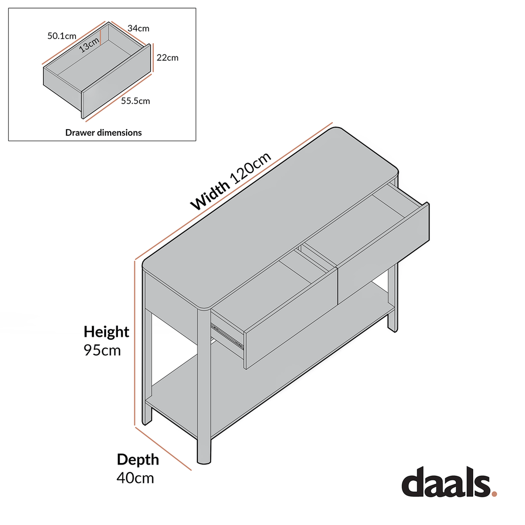 Agnes Curved Edge 2 Drawer Console Table, Off White with Oak Top