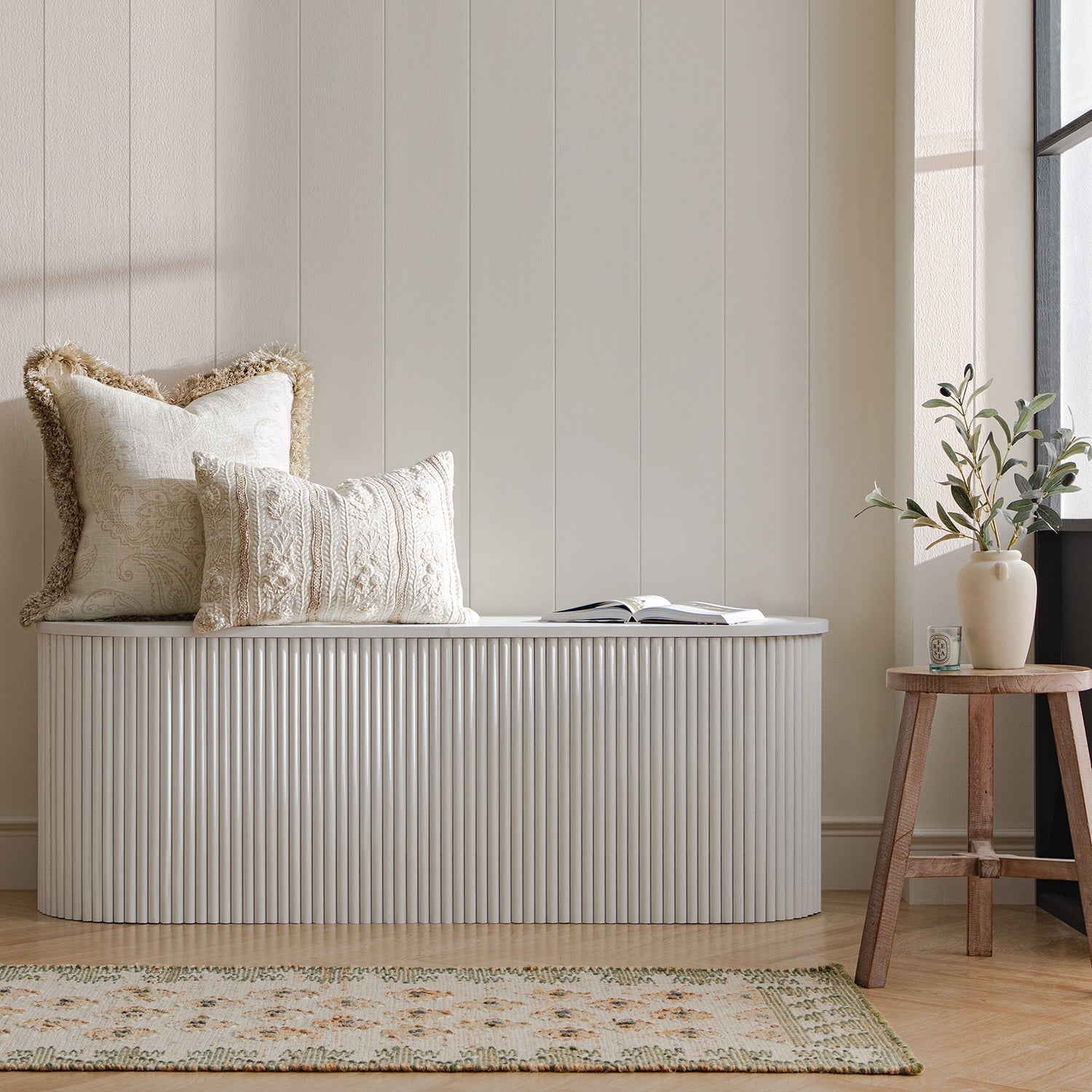 Maru Storage Ottoman Bench, Washed White