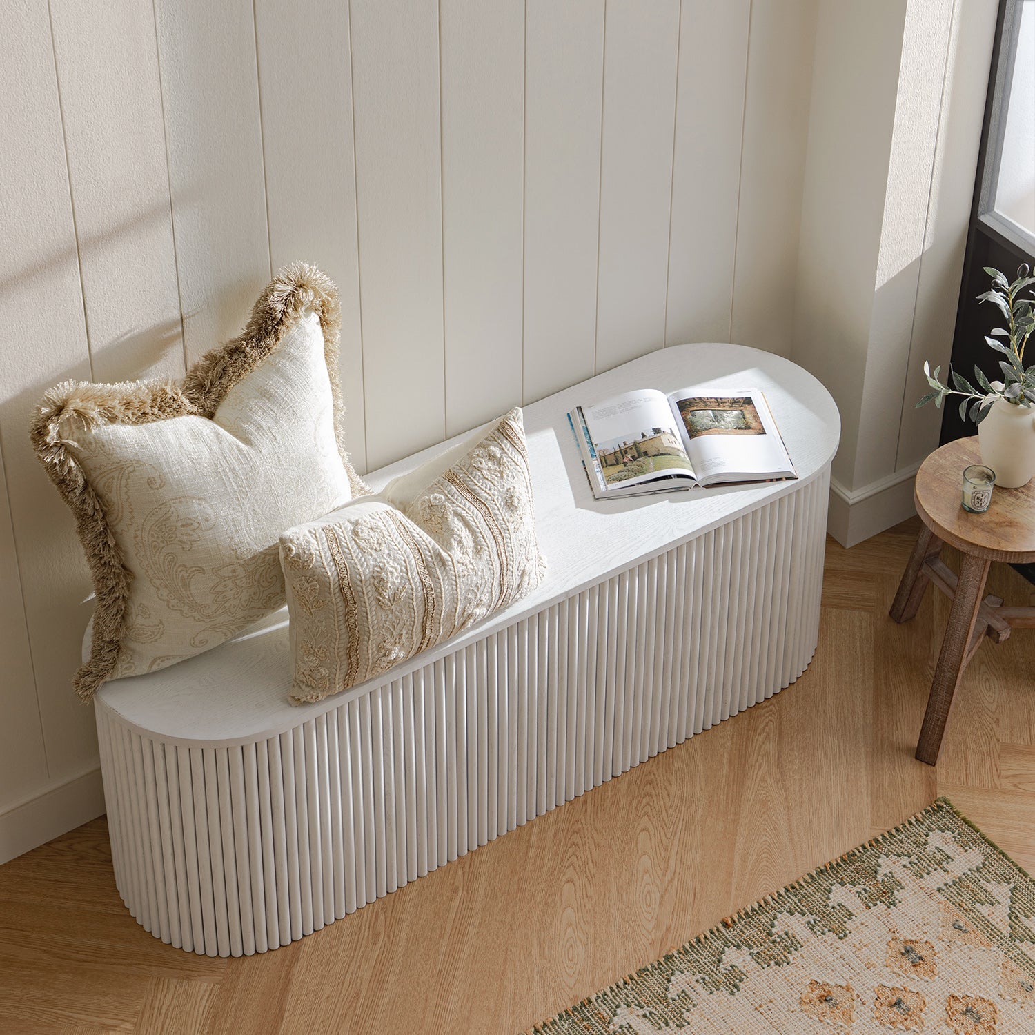 Maru Storage Ottoman Bench, Washed White