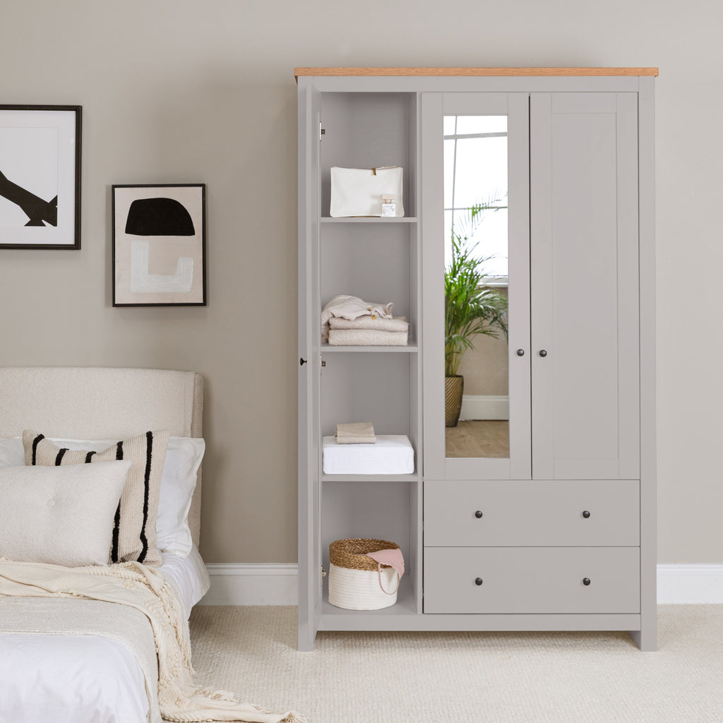 Bampton 3 Door Wardrobe with 2 Drawers - Stone Grey