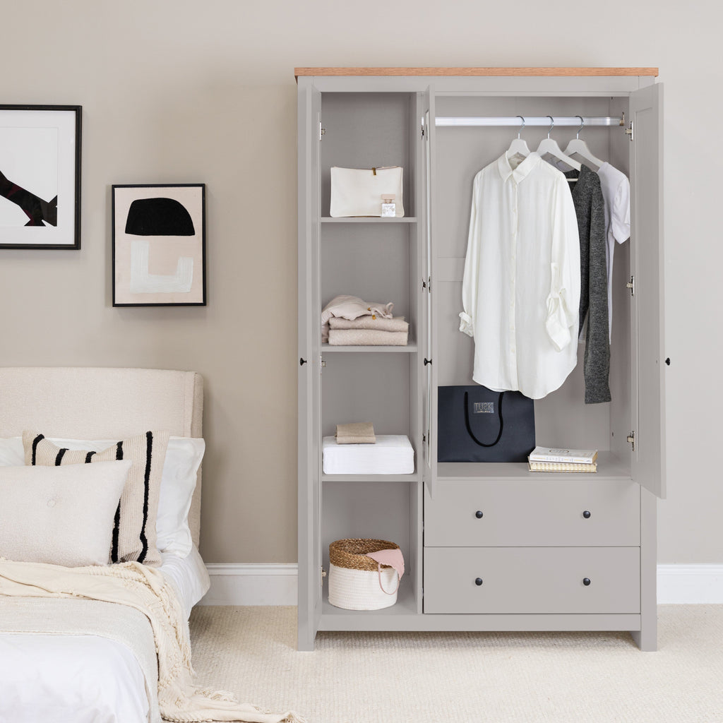 Bampton 3 Door Wardrobe with 2 Drawers - Stone Grey