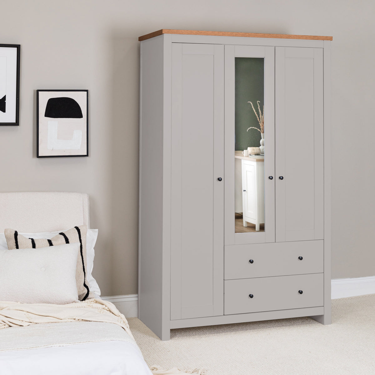 Bampton 3 Door Wardrobe with 2 Drawers - Stone Grey