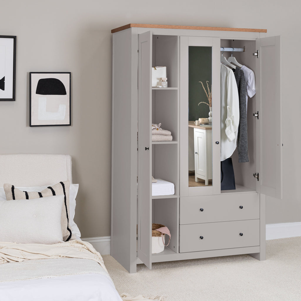 Bampton 3 Door Wardrobe with 2 Drawers - Stone Grey