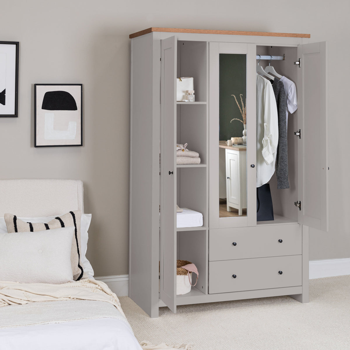 Bampton 3 Door Wardrobe with 2 Drawers - Stone Grey