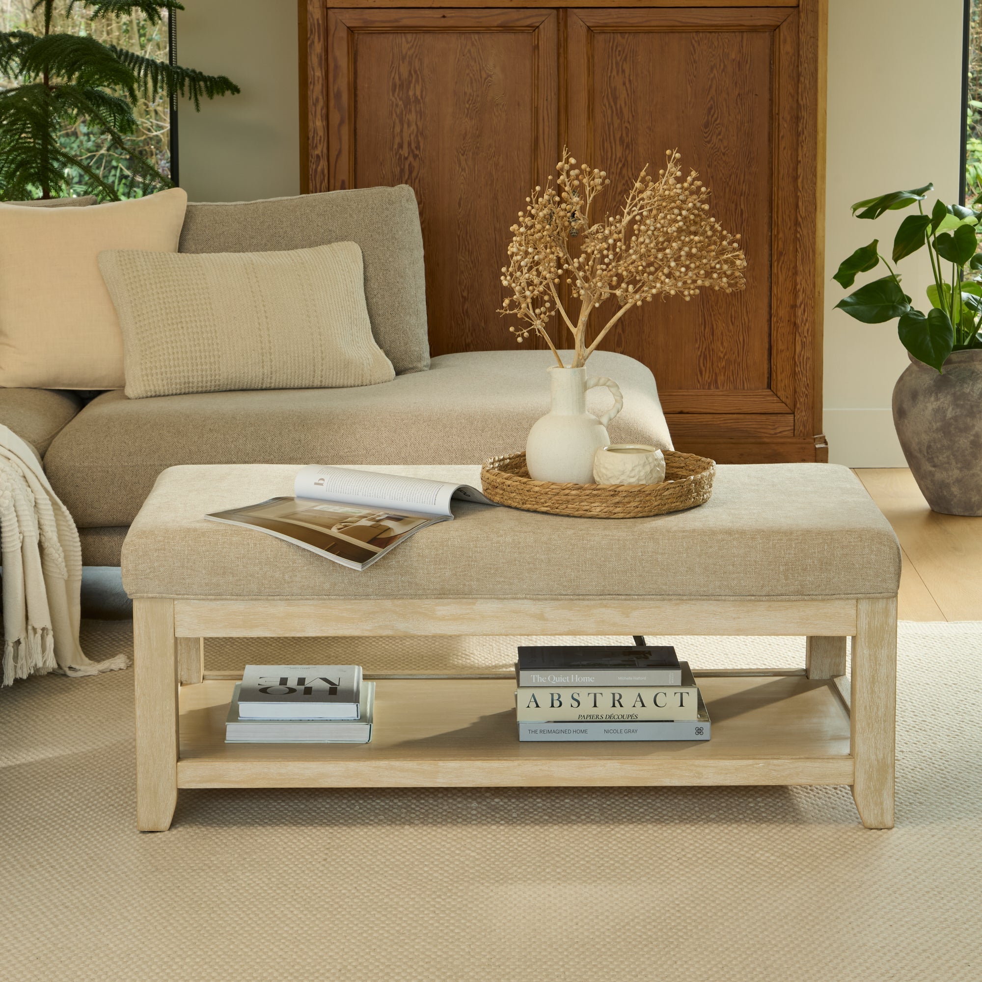 Breccan 110cm Footstool Coffee Table - Mink Taupe - Whitewash Oak Legs