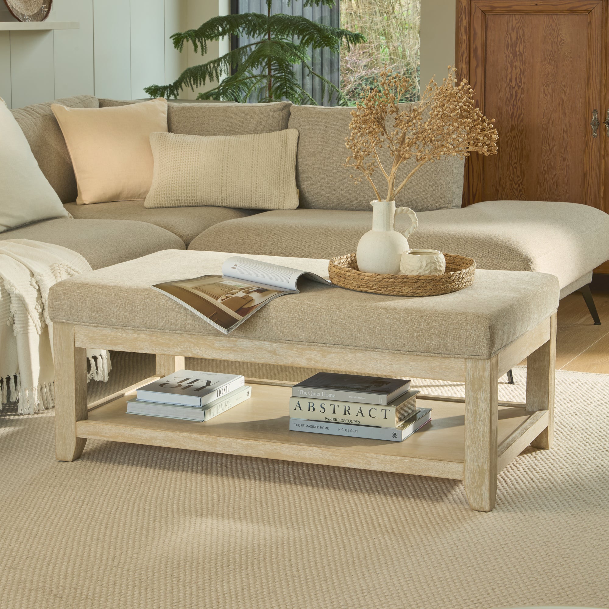 Breccan 110cm Footstool Coffee Table - Mink Taupe - Whitewash Oak Legs