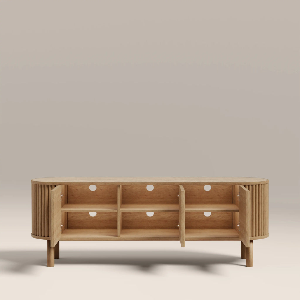 Santana TV Stand | Natural Travertine Effect Sintered Stone & Oak