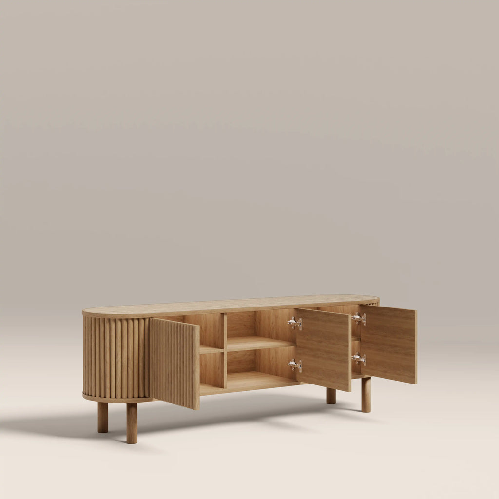 Santana TV Stand | Natural Travertine Effect Sintered Stone & Oak