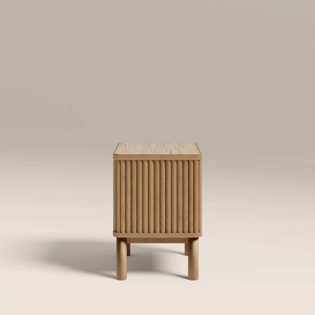 Santana 2 Drawer Rectangle Bedside Table | Natural Travertine Effect Sintered Stone & Oak