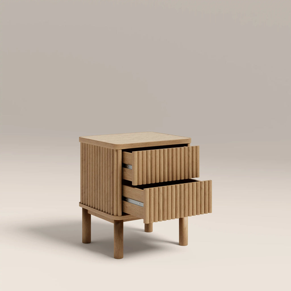 Santana 2 Drawer Rectangle Bedside Table | Natural Travertine Effect Sintered Stone & Oak