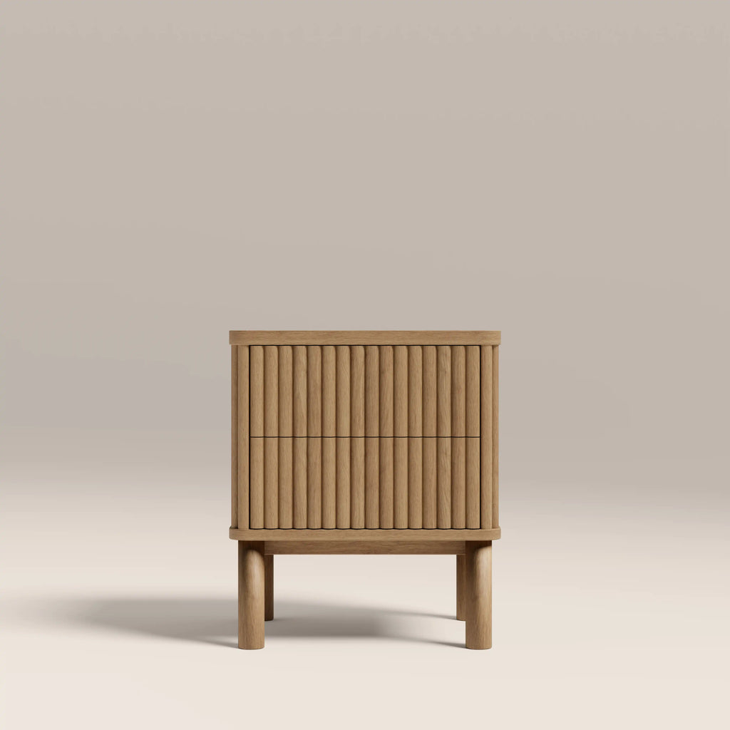 Santana 2 Drawer Rectangle Bedside Table | Natural Travertine Effect Sintered Stone & Oak