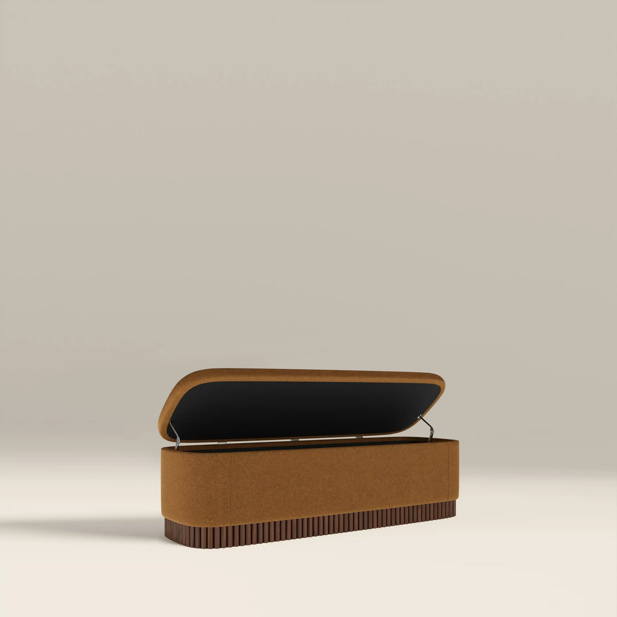 Oberon Storage Ottoman | Caramel Sustainable Mohair Velvet & Walnut