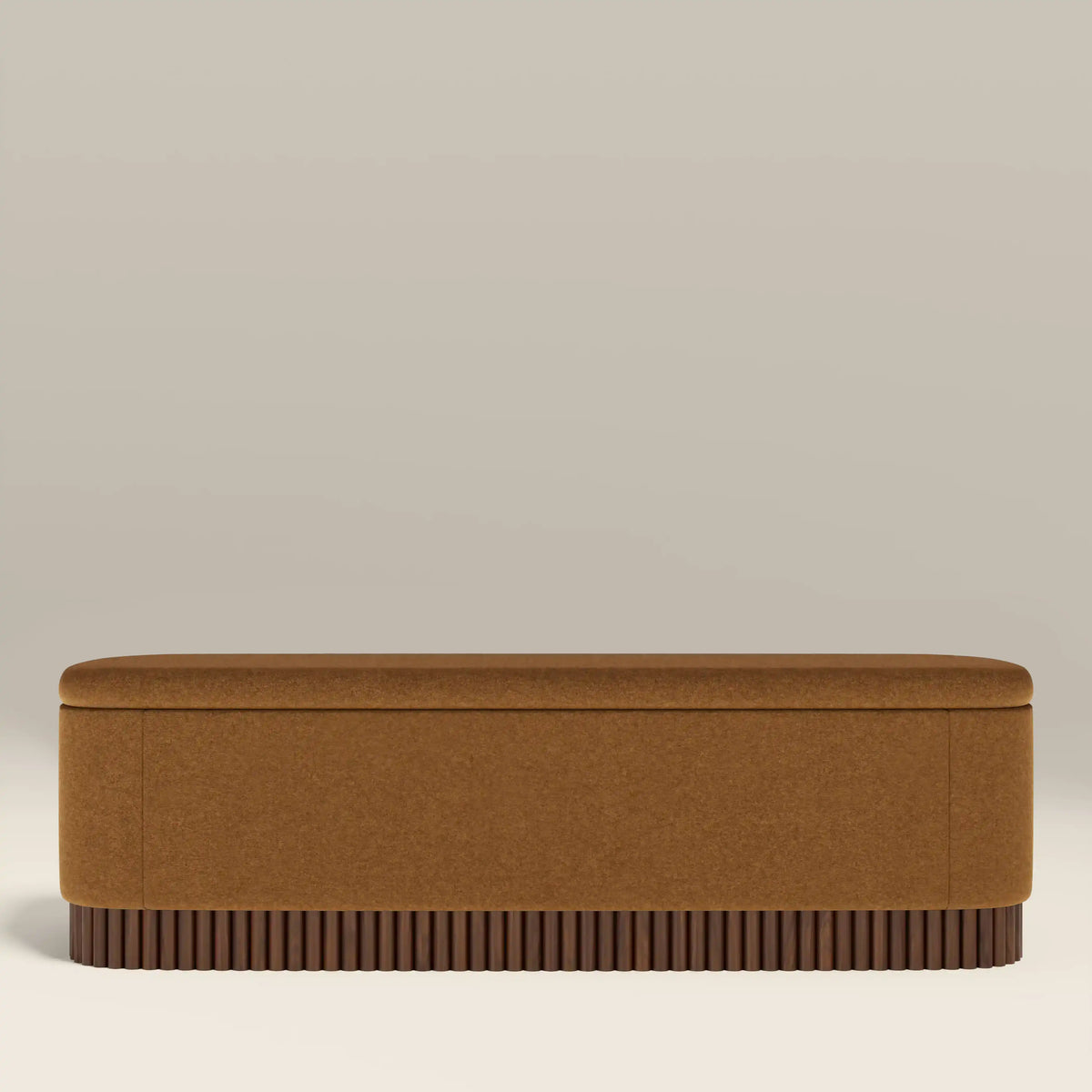 Oberon Storage Ottoman | Caramel Sustainable Mohair Velvet & Walnut