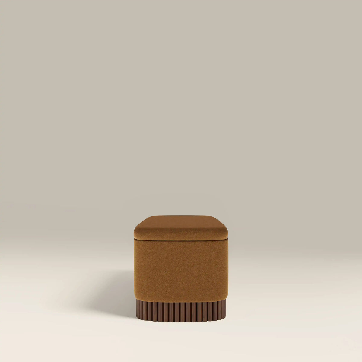 Oberon Storage Ottoman | Caramel Sustainable Mohair Velvet & Walnut