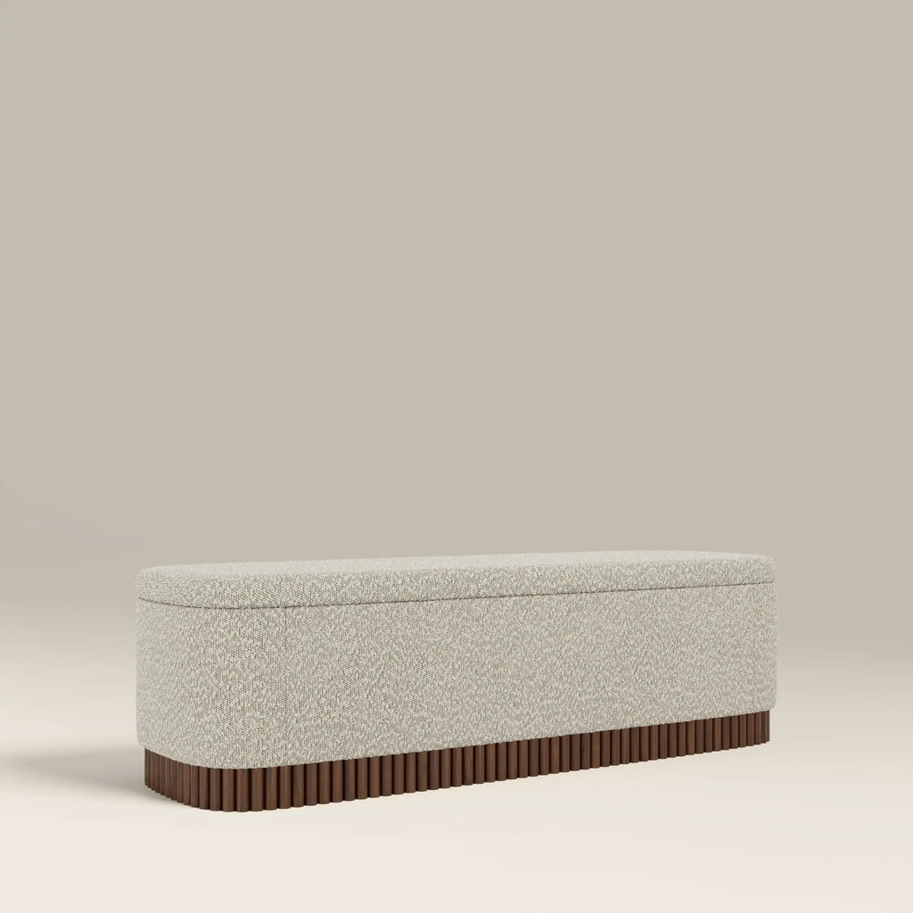 Oberon Storage Ottoman | Speckled Stone Sustainable Boucle & Walnut
