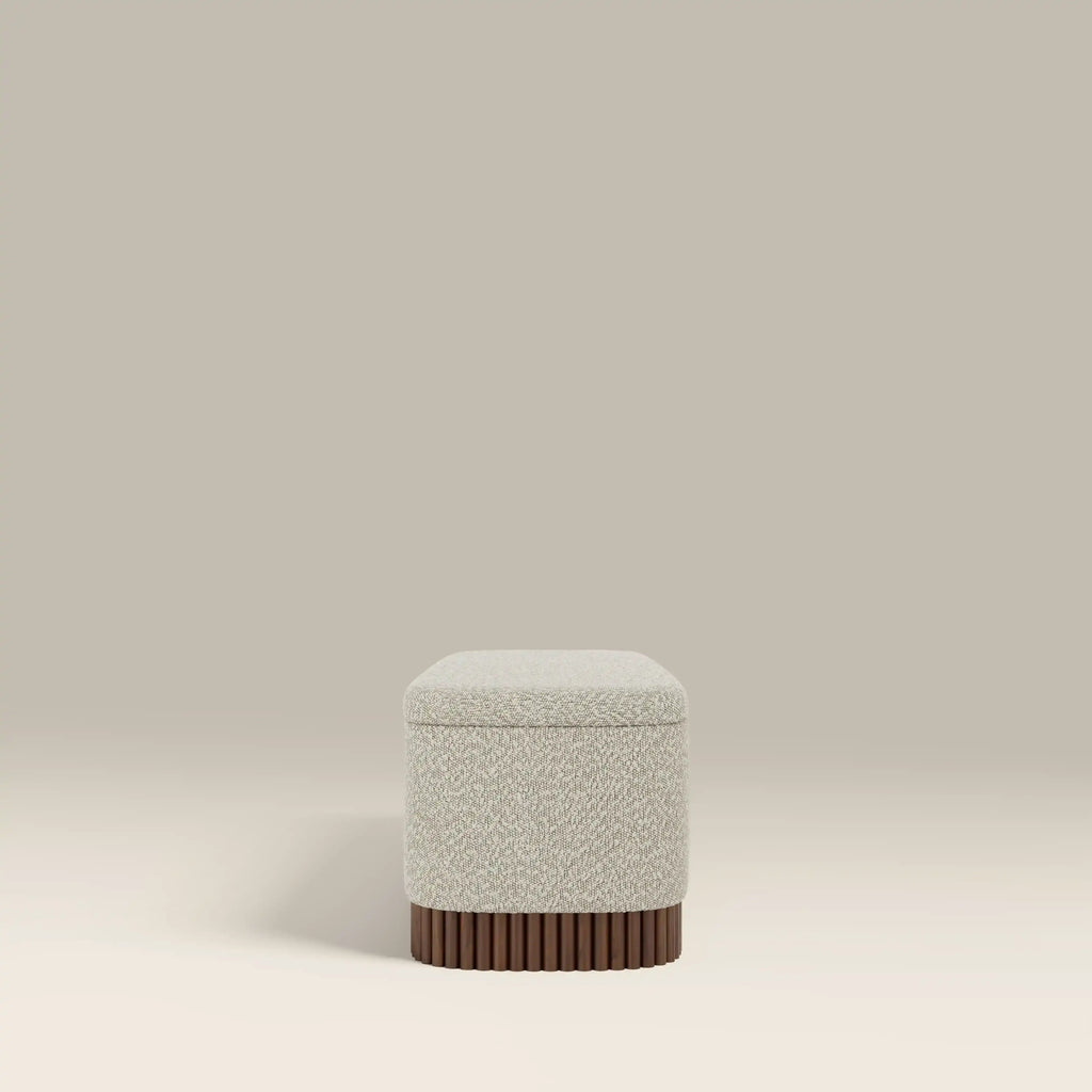 Oberon Storage Ottoman | Speckled Stone Sustainable Boucle & Walnut