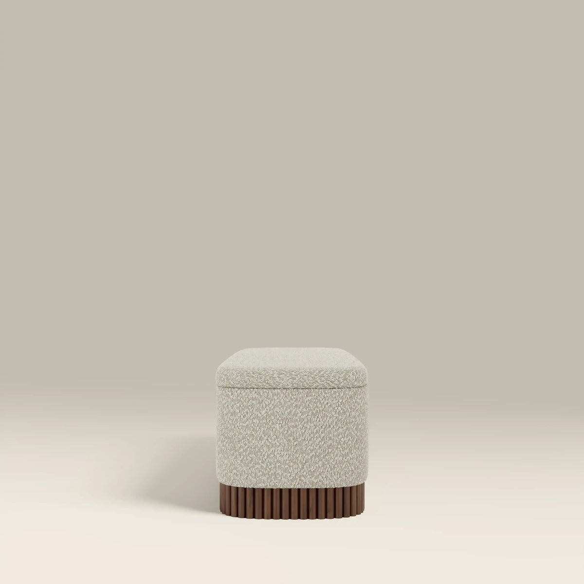 Oberon Storage Ottoman | Speckled Stone Sustainable Boucle & Walnut
