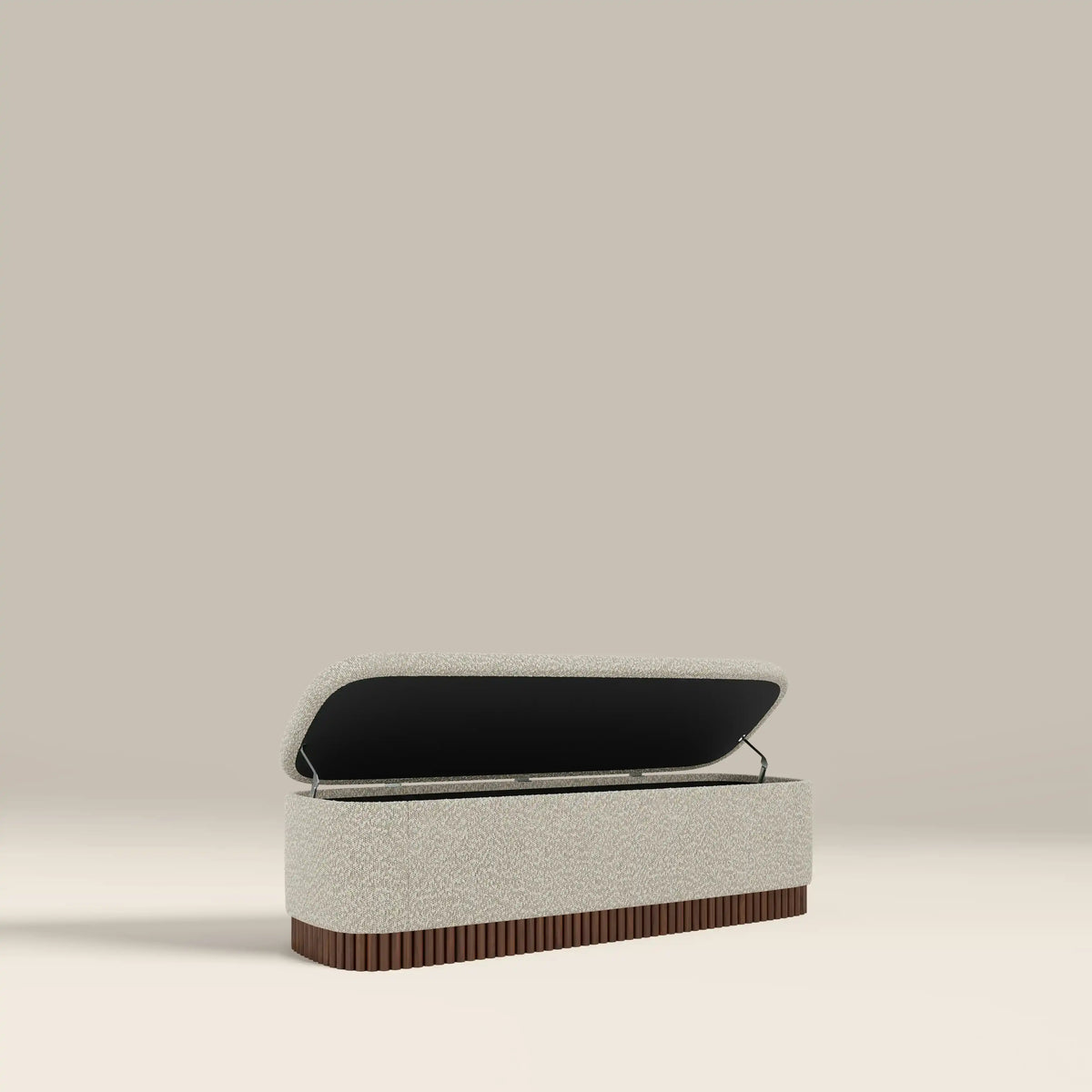 Oberon Storage Ottoman | Speckled Stone Sustainable Boucle & Walnut