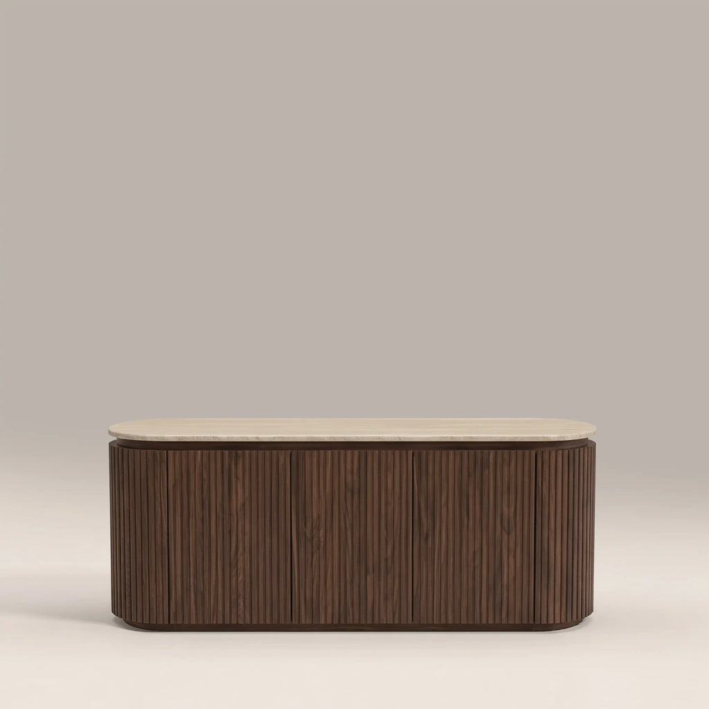 Hayes 3 Door TV Stand | Natural Travertine Effect Stone & Walnut