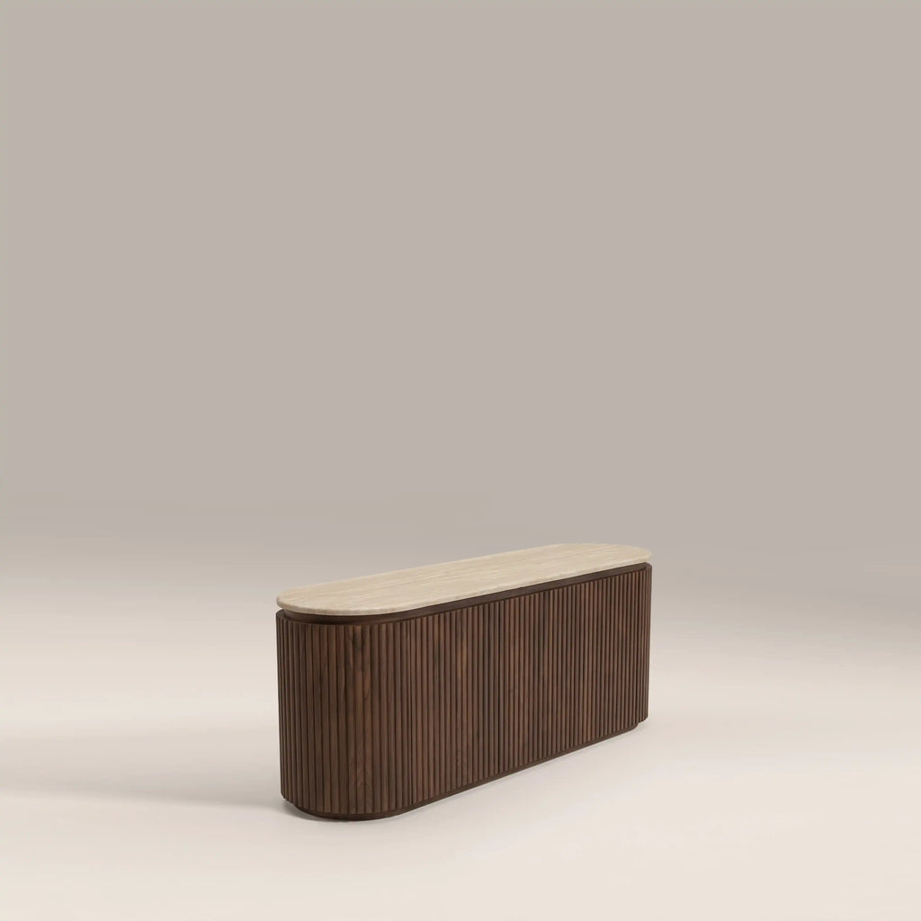 Hayes 3 Door TV Stand | Natural Travertine Effect Stone & Walnut