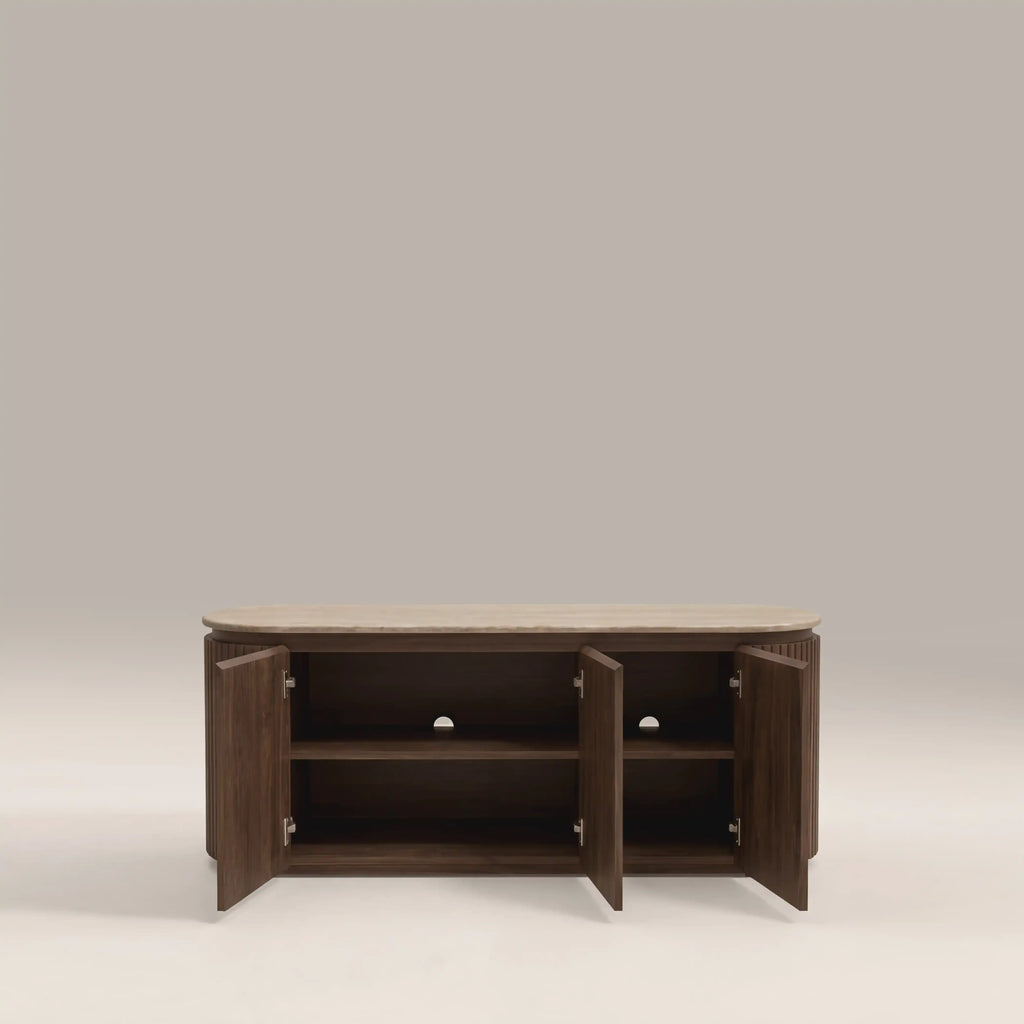 Hayes 3 Door TV Stand | Natural Travertine Effect Stone & Walnut