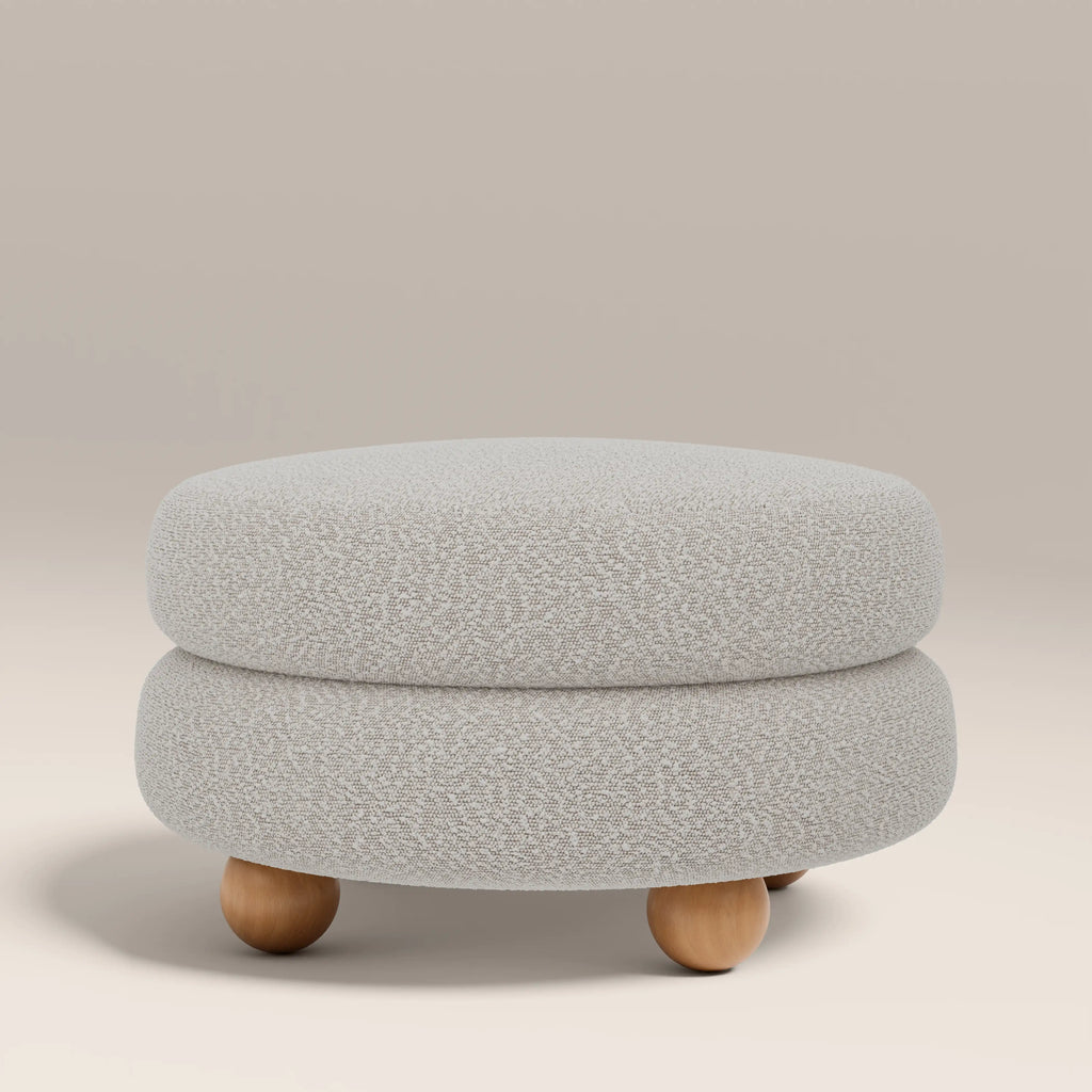 Hazel Footstool | Speckled Stone Sustainable Boucle & Walnut