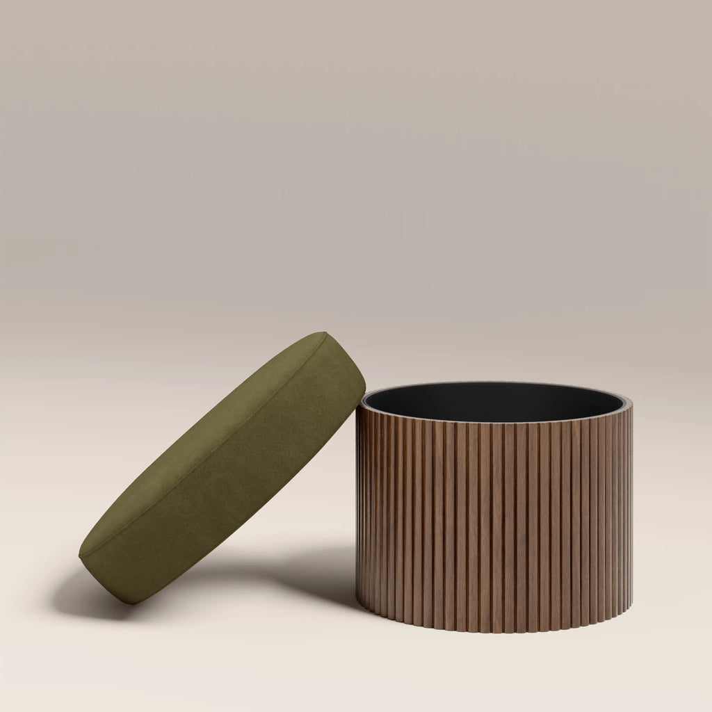 Alexis Storage Footstool | Moss Green Sustainable Mohair Velvet & Walnut