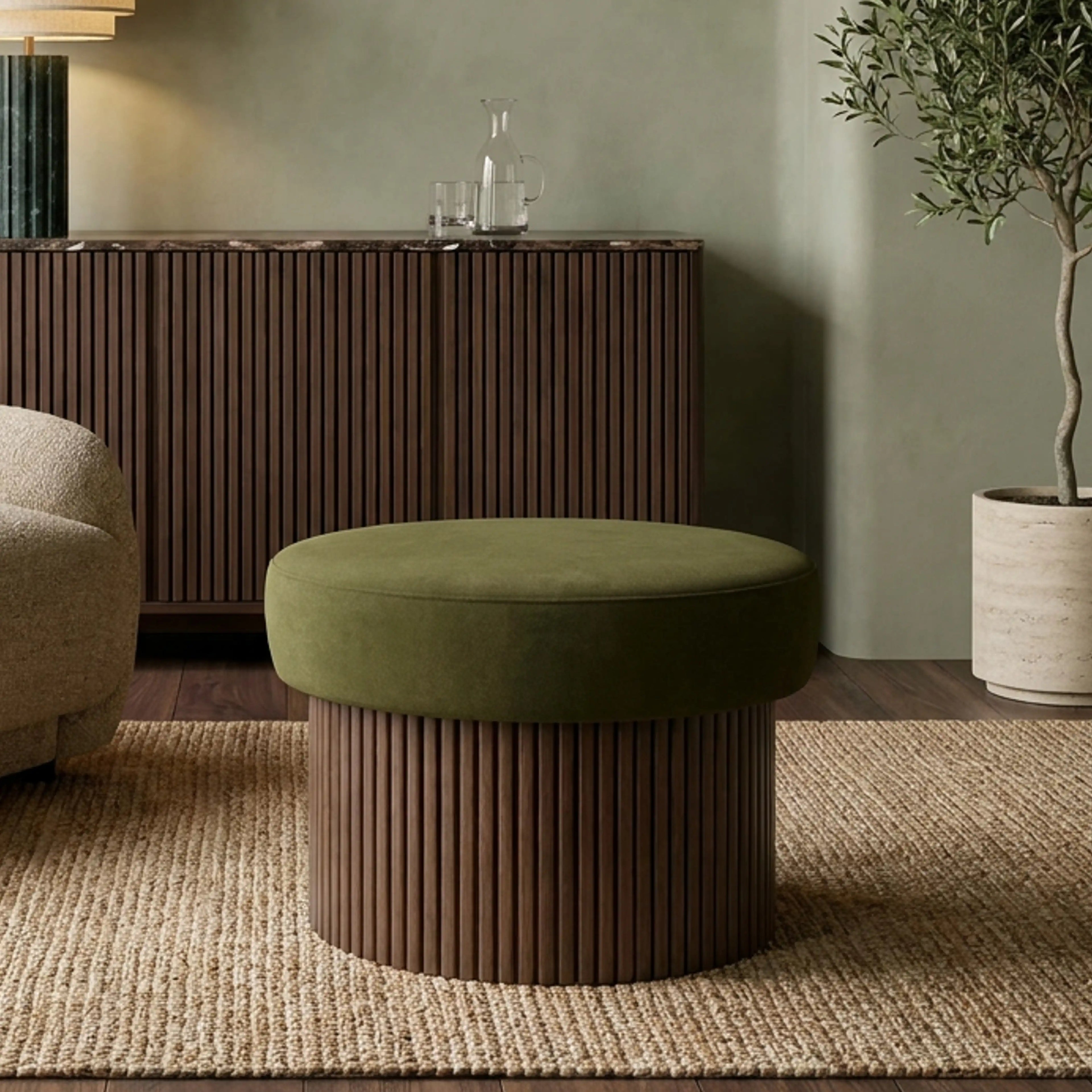 Alexis Storage Footstool | Moss Green Sustainable Mohair Velvet & Walnut