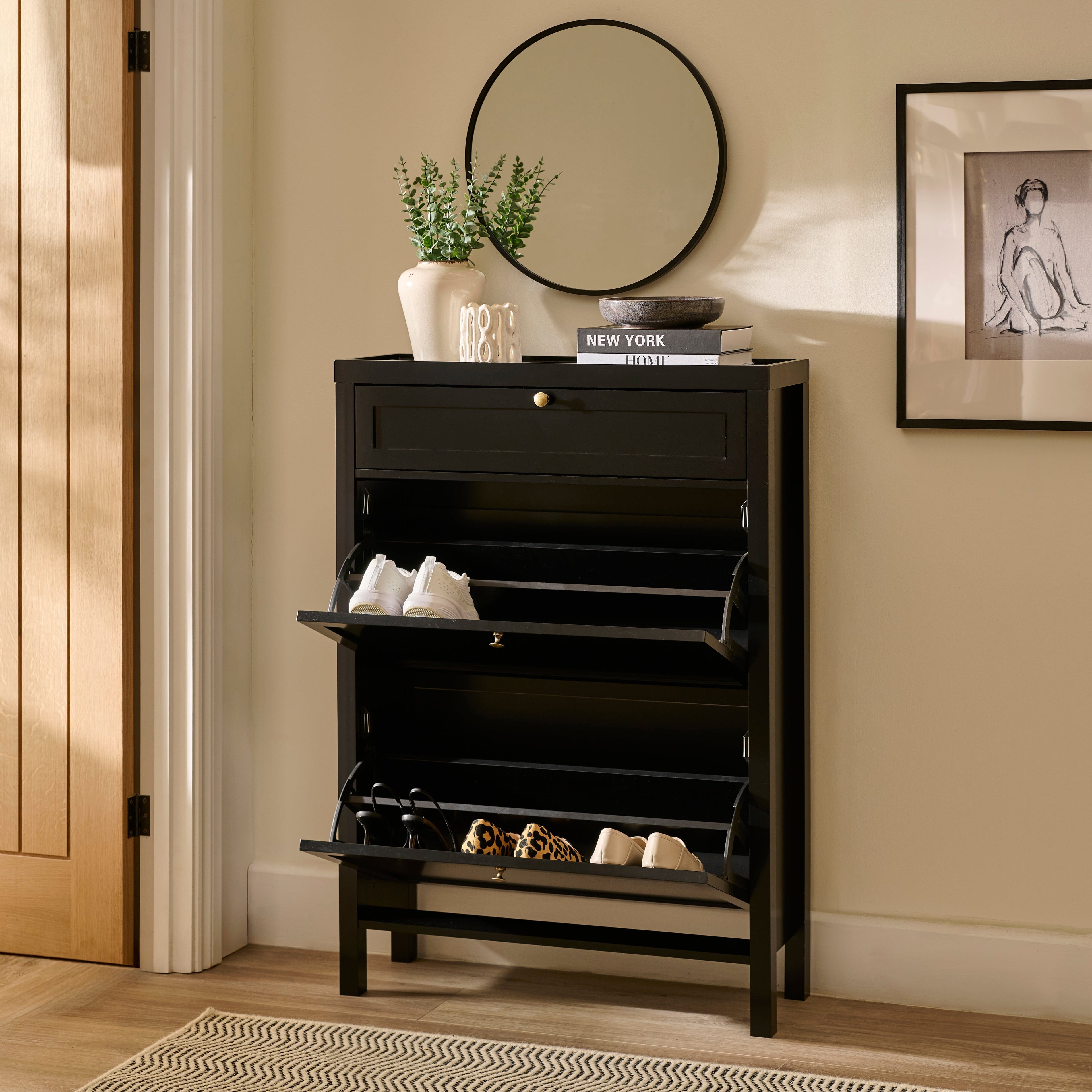 Charlie 2 Door 1 Draw Shoe Cabinet - Noir Black