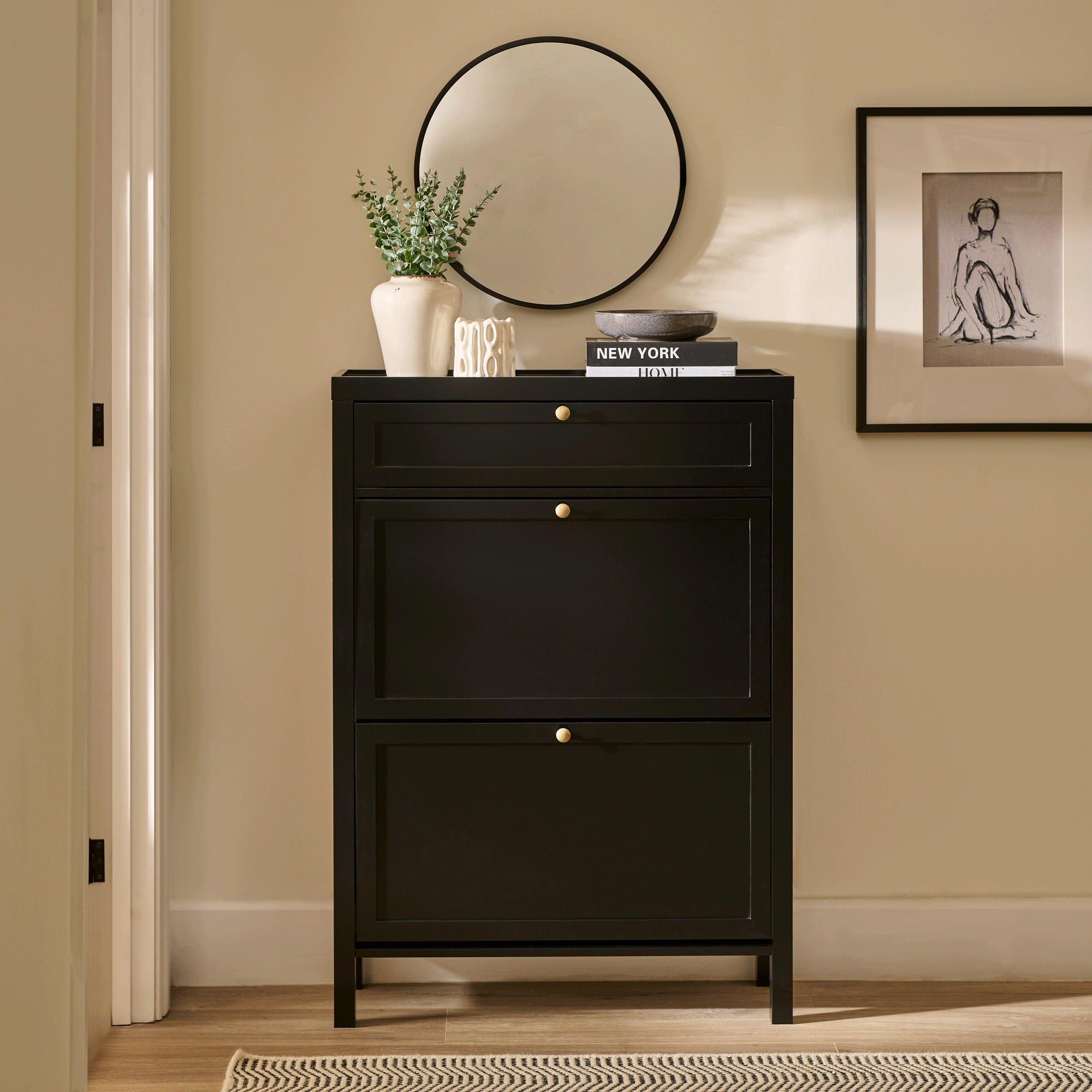 Charlie 2 Door 1 Draw Shoe Cabinet - Noir Black