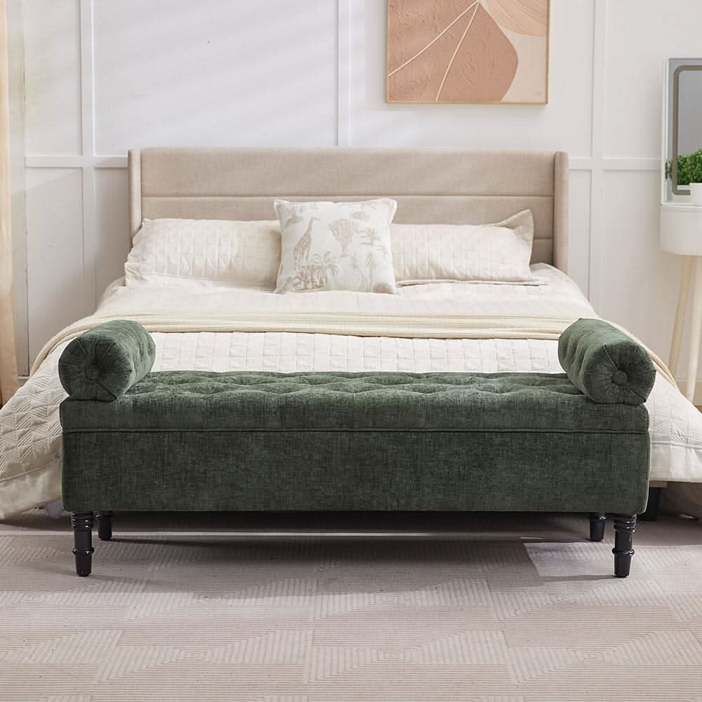 Chenille Upholstered Storage Bench with Lift-Up Seat and Double Cushions