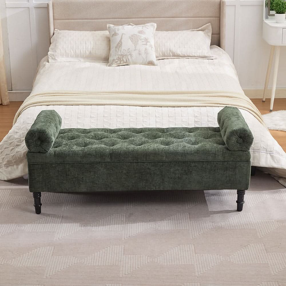 Chenille Upholstered Storage Bench with Lift-Up Seat and Double Cushions