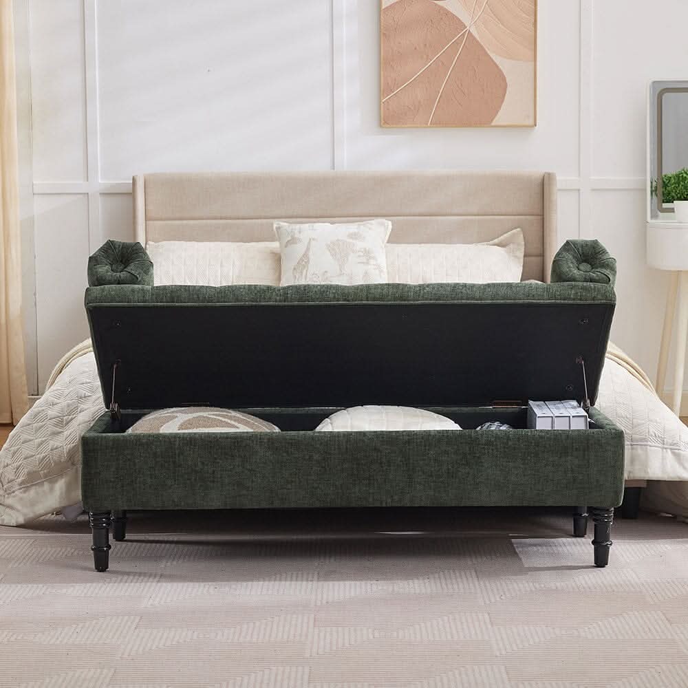 Chenille Upholstered Storage Bench with Lift-Up Seat and Double Cushions