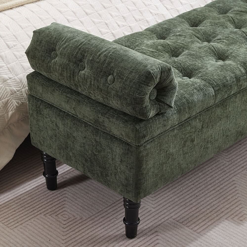 Chenille Upholstered Storage Bench with Lift-Up Seat and Double Cushions