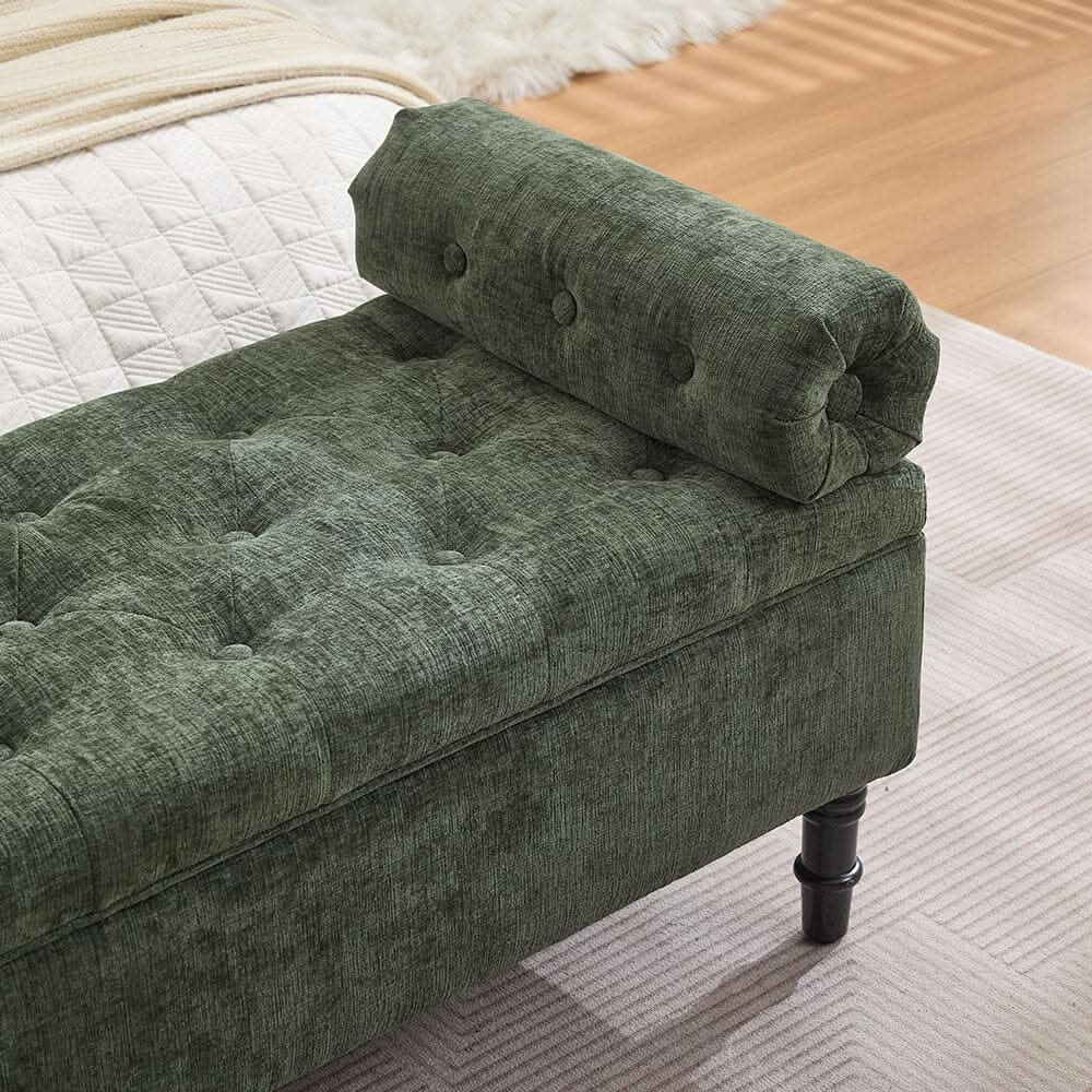 Chenille Upholstered Storage Bench with Lift-Up Seat and Double Cushions