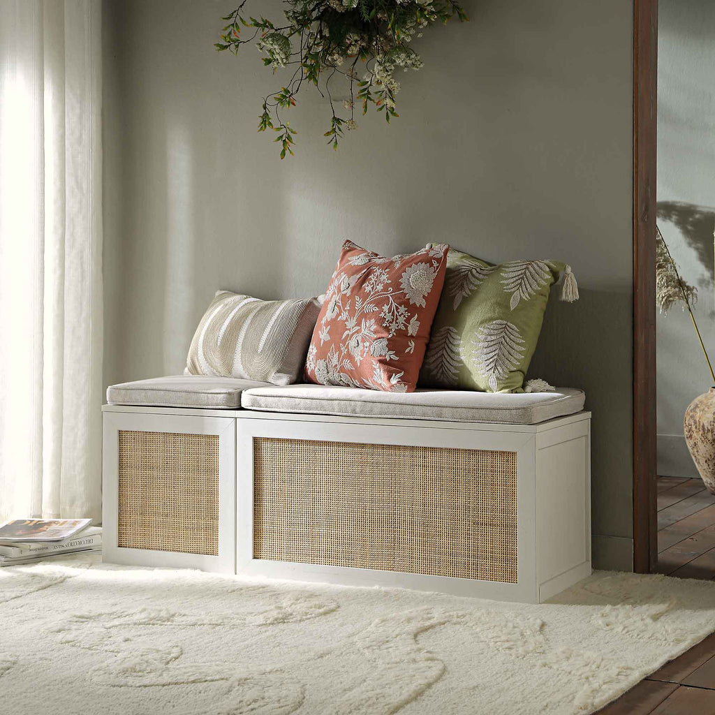 Frances Woven Rattan Triple Storage Stool Set with Cushion, White