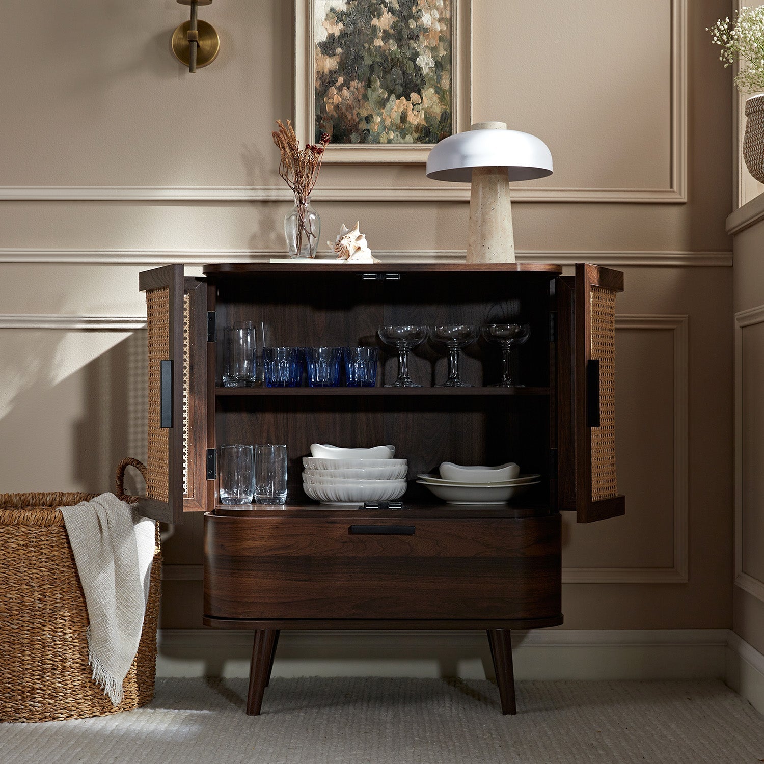 Izzy Curved Rattan 1-Drawer Small Sideboard, Walnut