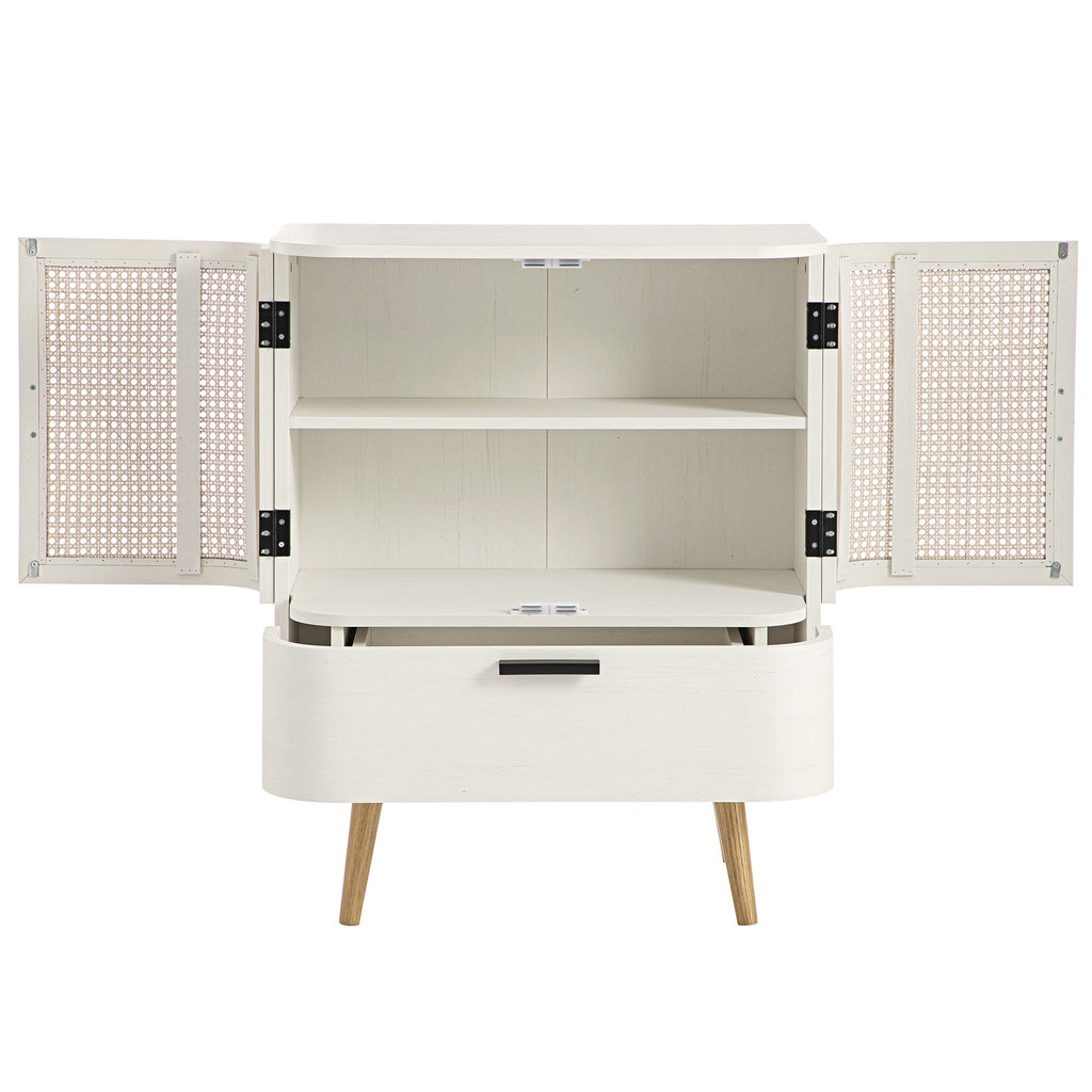 Izzy Curved Rattan 1-Drawer Small Sideboard, White
