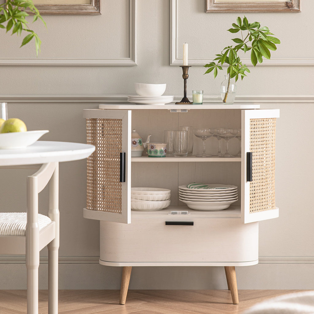 Izzy Curved Rattan 1-Drawer Small Sideboard, White