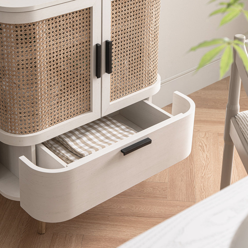 Izzy Curved Rattan 1-Drawer Small Sideboard, White