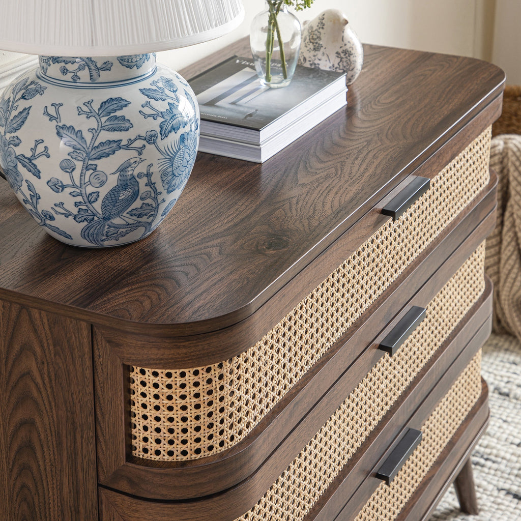Izzy Curved Rattan Chest of 3 Drawers, Walnut