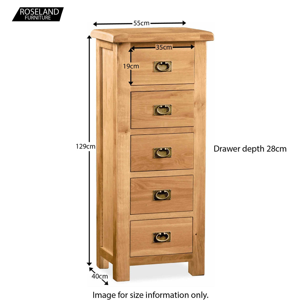 Zelah Oak 5 Drawer Tallboy Chest