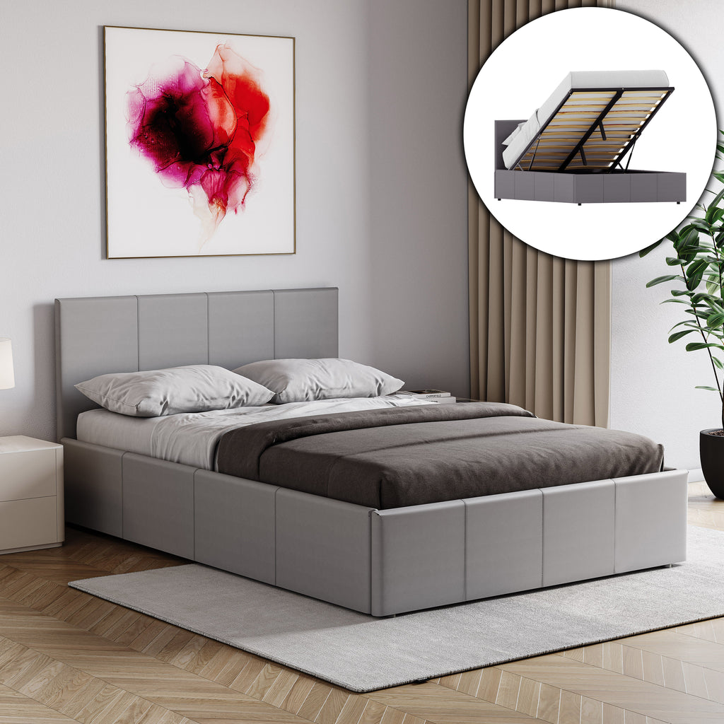 Lisbon Small Double Ottoman Faux Leather Bed, Grey UKFR