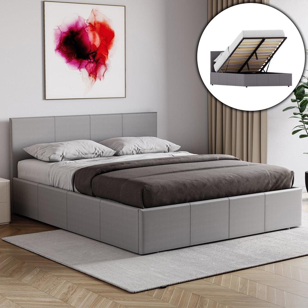 Lisbon Double Ottoman Faux Leather Bed, Grey UKFR