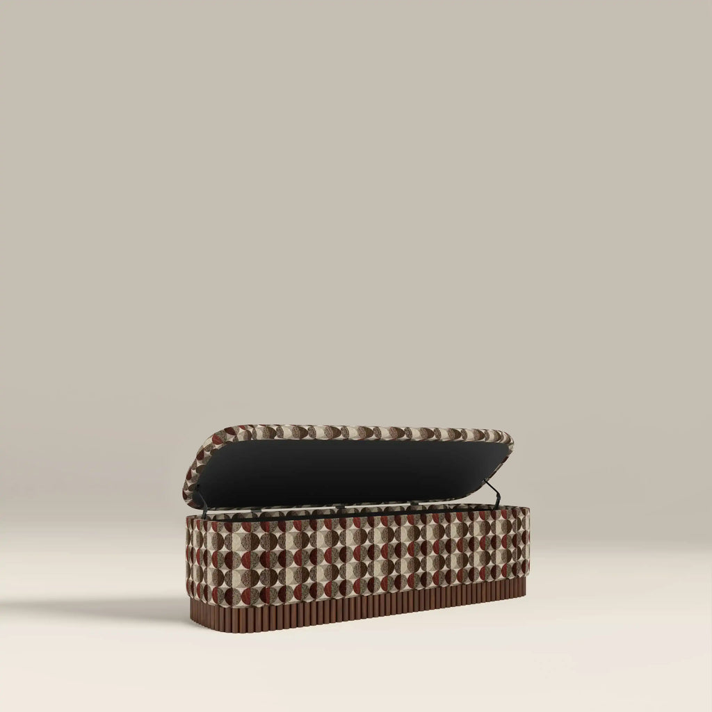 Oberon Storage Ottoman | Multicolour Orbis Patterned Fabric & Walnut