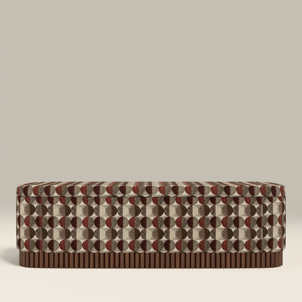 Oberon Storage Ottoman | Multicolour Orbis Patterned Fabric & Walnut